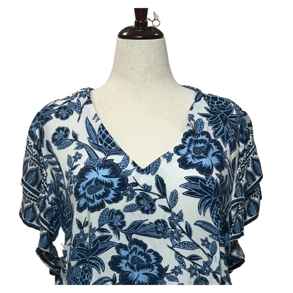 Rachel‎ & Zoe Top Womens 2X Blue White Floral Tropical Flutter Sleeve Beachy NWT - Picture 4 of 11